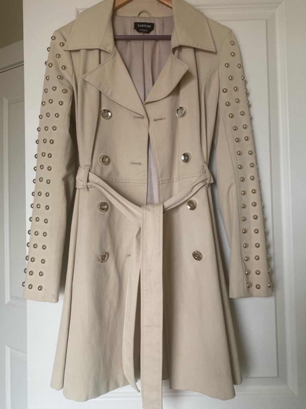 bebe Cream Studded Sleeve Double-Breasted Trench with Belt